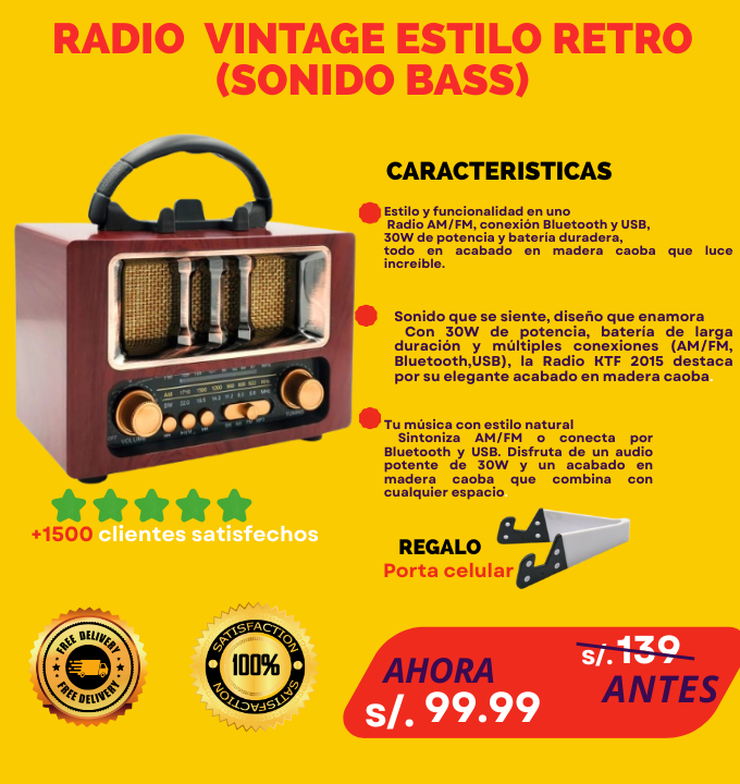 RADIO VINTAGE KTF 2015 | Retro Elegante con Sonido Potente 30W, Bluetooth, AM/FM, USB & Tarjeta