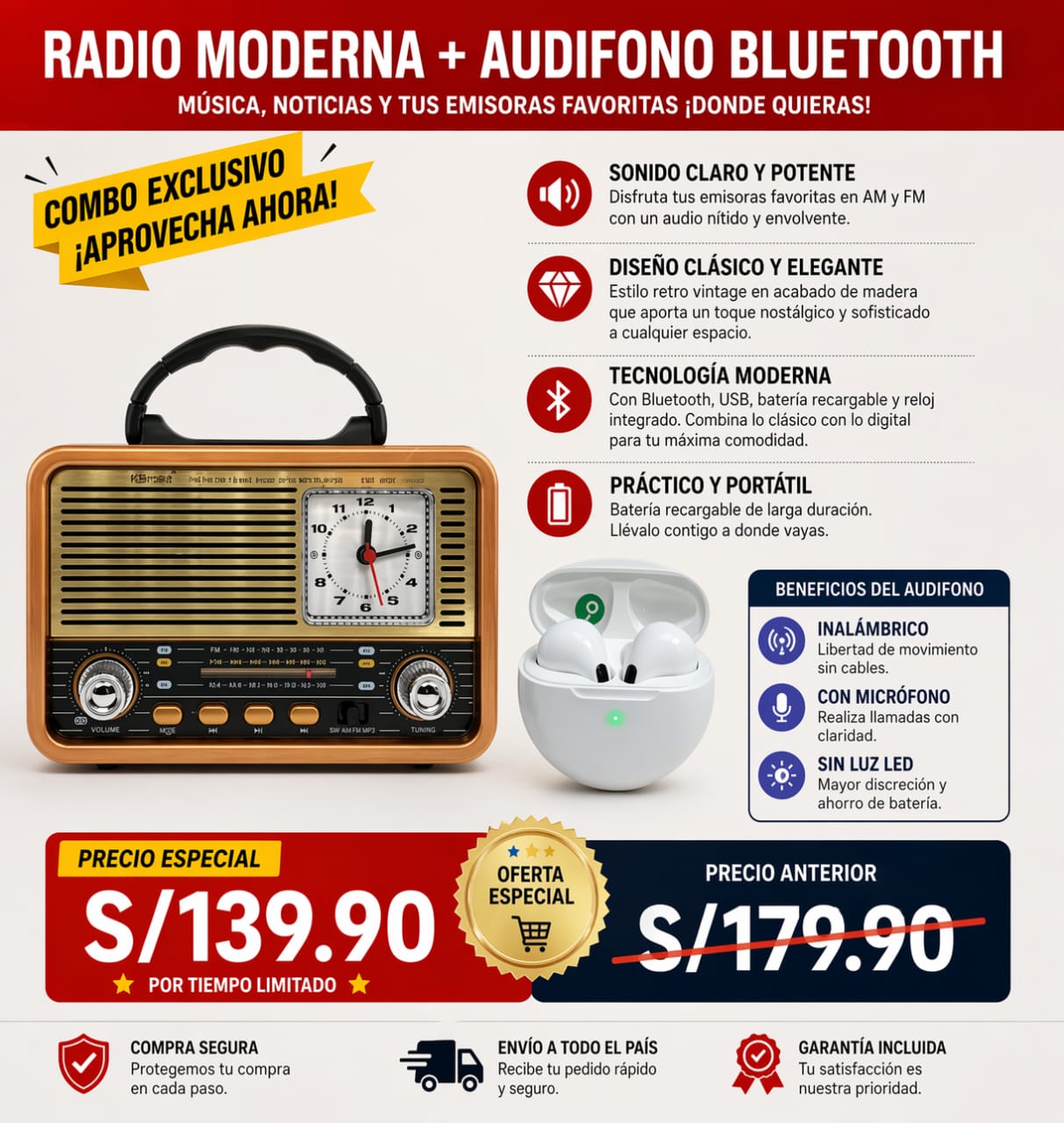 RADIO FM/AM ESTILO RETRO CON RELOJ,BLUETOOTH/USB + AUDIFONO INALAMBRICO