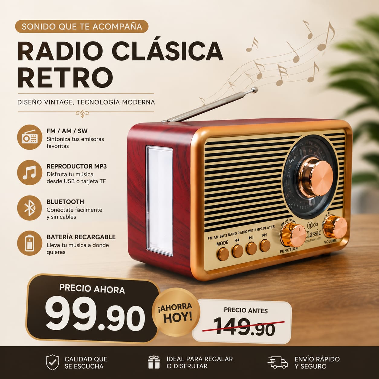 Radio Retro Vintage – Con Bluetooth, Linterna y Batería Recargable