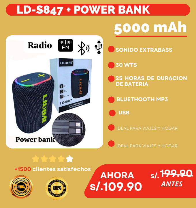 PARLANTE LIDIMI  LD-S847:30W EXTRA BASS + POWER BANK 5000 mAh