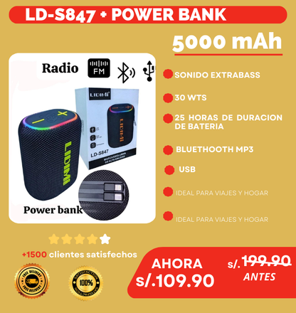 PARLANTE LIDIMI  LD-S847:30W EXTRA BASS + POWER BANK 5000 mAh