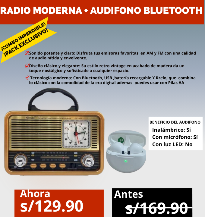 RADIO  FM/AM ESTILO RETRO CON RELOJ,BLUETOOTH/USB + AUDIFONO INALAMBRICO