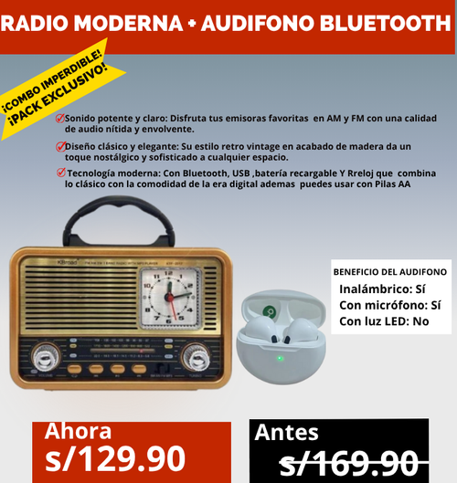 RADIO  FM/AM ESTILO RETRO CON RELOJ,BLUETOOTH/USB + AUDIFONO INALAMBRICO