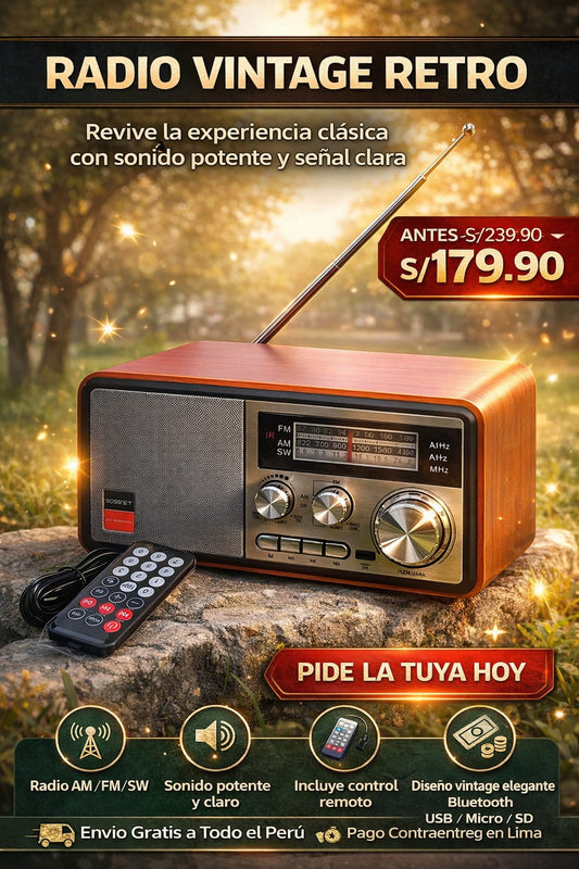 RADIO VINTAGE  RETRO DE MADERA CAOBA-3 BANDAS AM/FM/SW-BLUETOOTH-USB-RECARGABLE-CORRIENTE DIRECTO