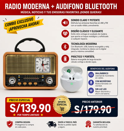 RADIO  FM/AM ESTILO RETRO CON RELOJ,BLUETOOTH/USB + AUDIFONO INALAMBRICO