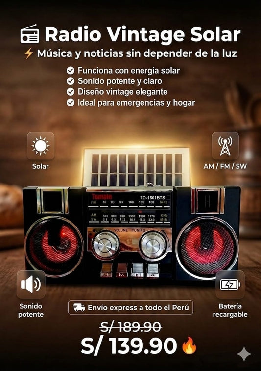 Radio Con Panel Solar Recargable Bluetooth USB Luces RGB