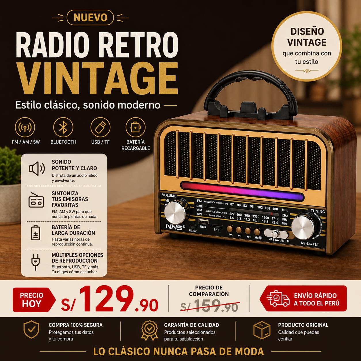 RADIO PARLANTE  RETRO VINTAGE BLUETOOTH FM-AM,RECARGABLE Y A PILAS