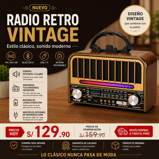 RADIO PARLANTE  RETRO VINTAGE BLUETOOTH FM-AM,RECARGABLE Y A PILAS