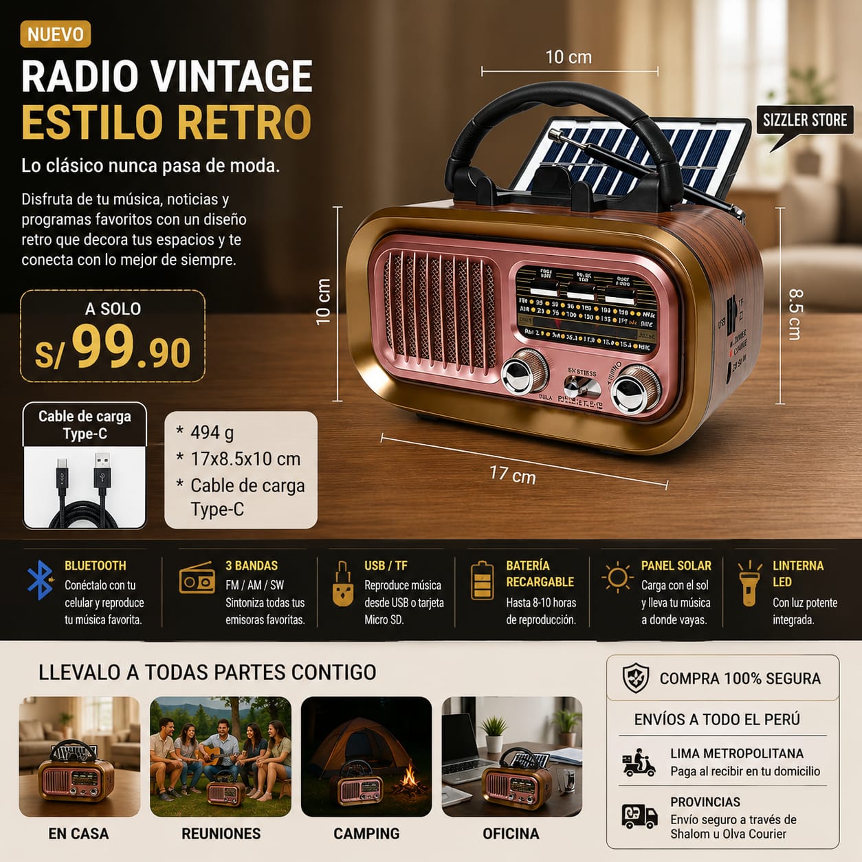 Radio  Retro de Madera con Panel Solar AM/FM/SW