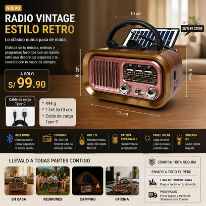 Radio  Retro de Madera con Panel Solar AM/FM/SW