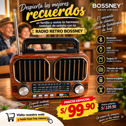 Radio portatil Retro Vintage Bossney AM/FM con Bluetooth