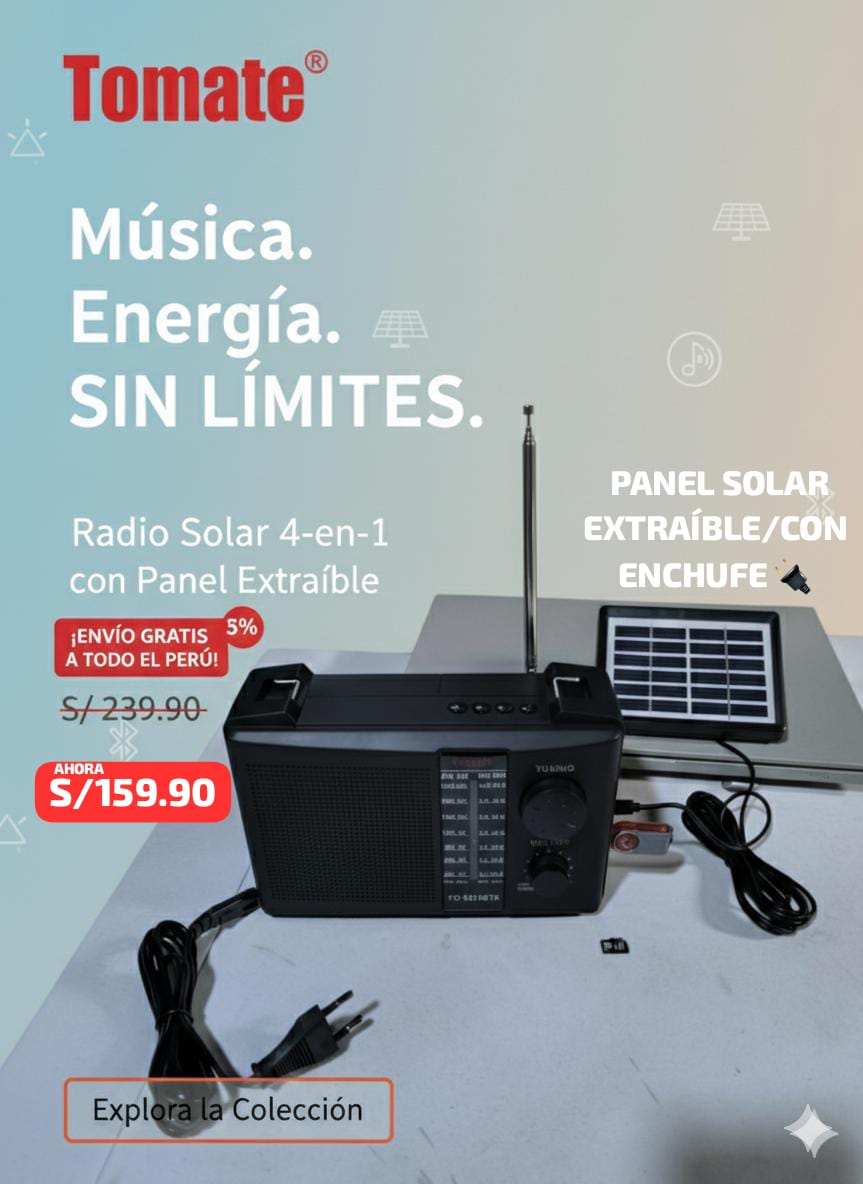 RADIO AM/FM 8 EN 1 CON PANEL SOLAR EXTRAÍBLE  + CORRIENTE