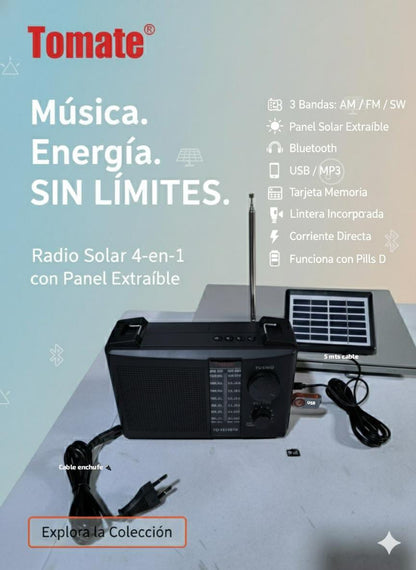 RADIO AM/FM 8 EN 1 CON PANEL SOLAR EXTRAÍBLE  + CORRIENTE