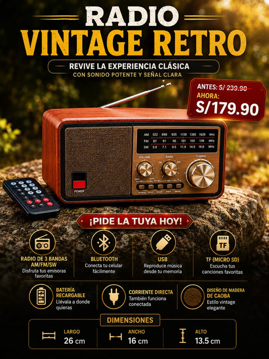 RADIO VINTAGE  RETRO DE MADERA CAOBA-3 BANDAS AM/FM/SW-BLUETOOTH-USB-RECARGABLE-CORRIENTE DIRECTO