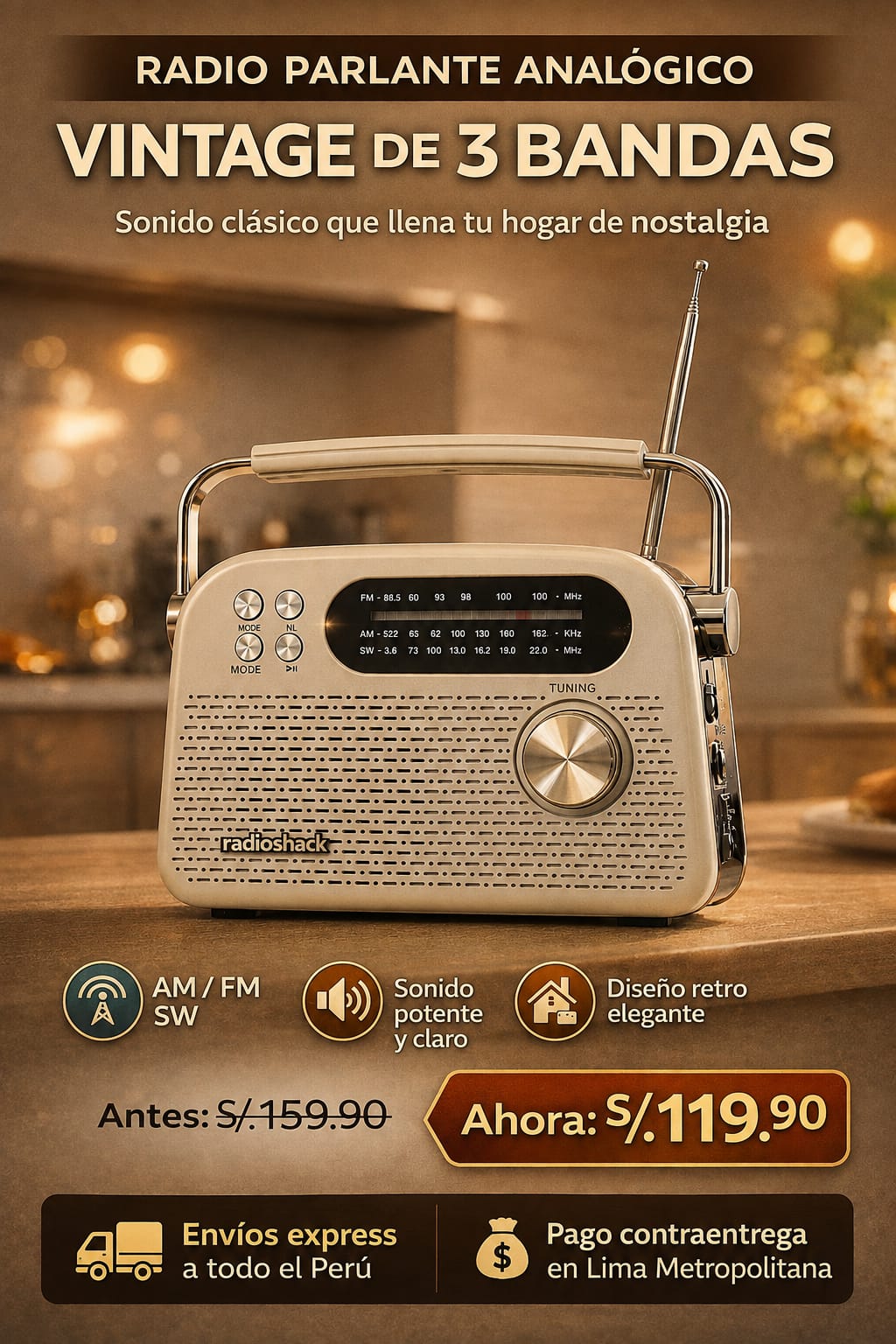 RADIO PARLANTE ANALOGICO VINTAGE DE 3 BANDAS