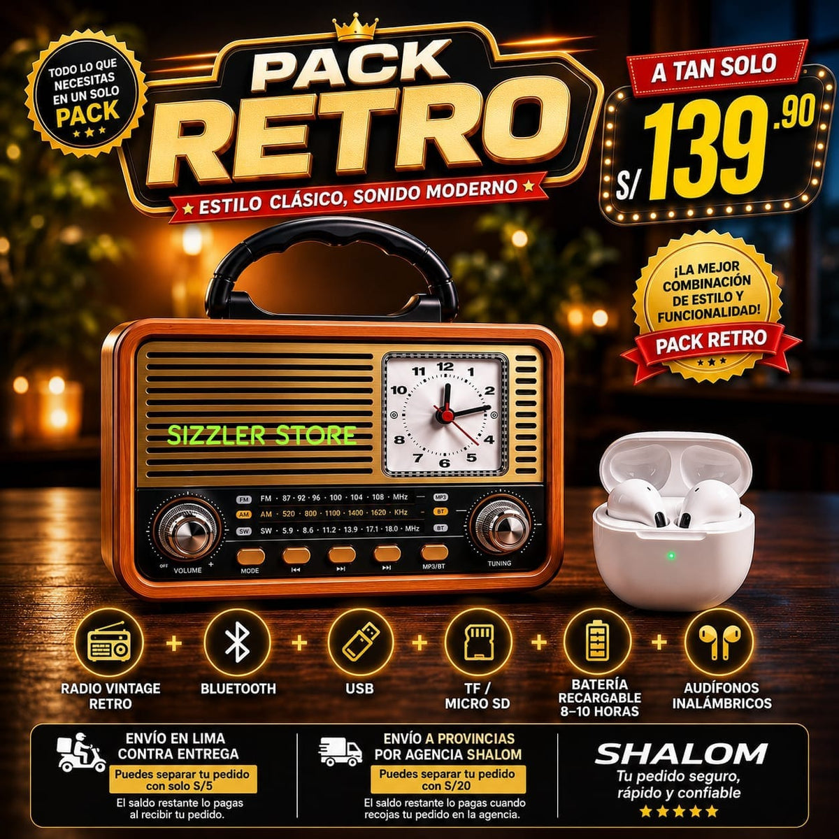 RADIO  FM/AM ESTILO RETRO CON RELOJ,BLUETOOTH/USB + AUDIFONO INALAMBRICO