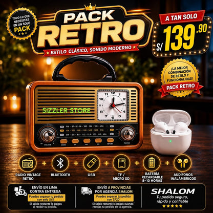 RADIO  FM/AM ESTILO RETRO CON RELOJ,BLUETOOTH/USB + AUDIFONO INALAMBRICO