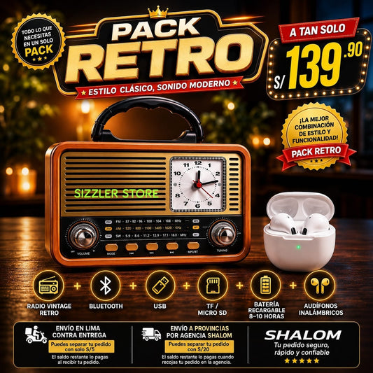 RADIO  FM/AM ESTILO RETRO CON RELOJ,BLUETOOTH/USB + AUDIFONO INALAMBRICO