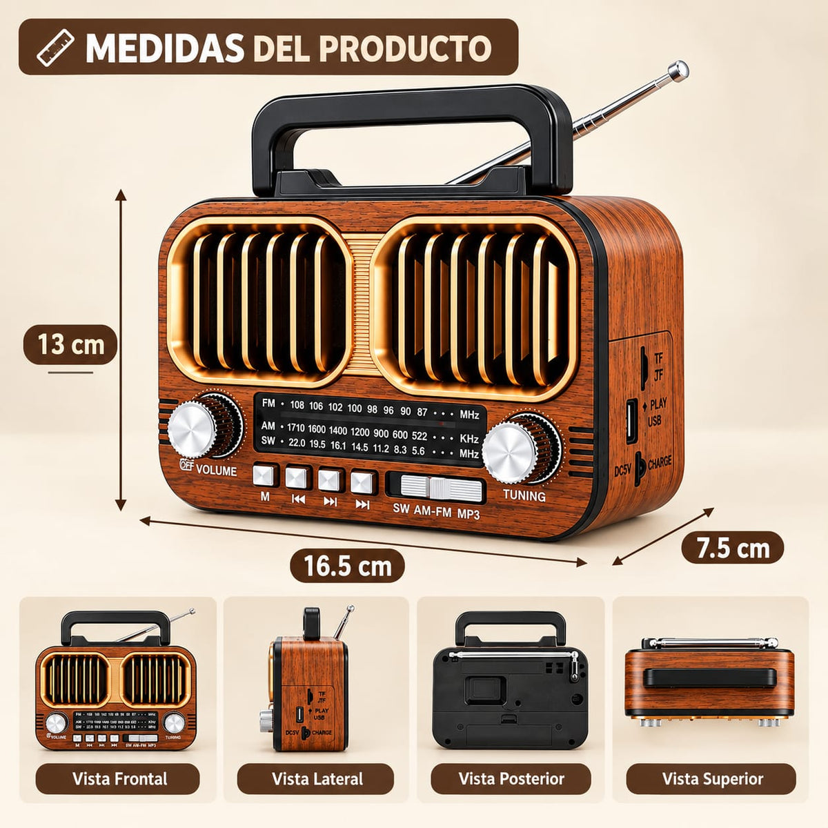 Radio portatil Retro Vintage Bossney AM/FM con Bluetooth